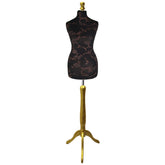 Display Guru Female Uk Size 10/12  Dressmakers Tailors Dummy Mannequin, Brown Flower on Black Torso Bust With Gold wood Tripod Stand